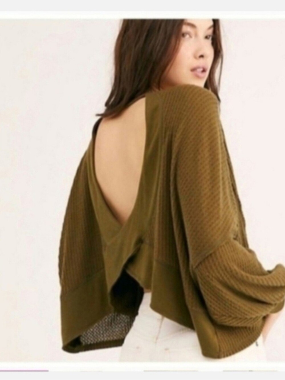 Open-Back Waffle Knit Sweater - Olive Sz S